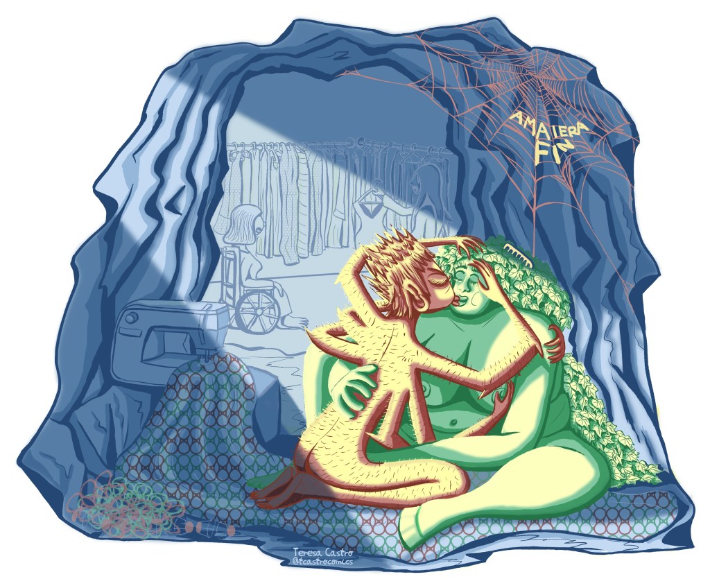 Ilustración realizada para el proyecto Arakne Lab en la que represento a Aracne amando a Basandere, la señora del bosque según la mitología vasca.